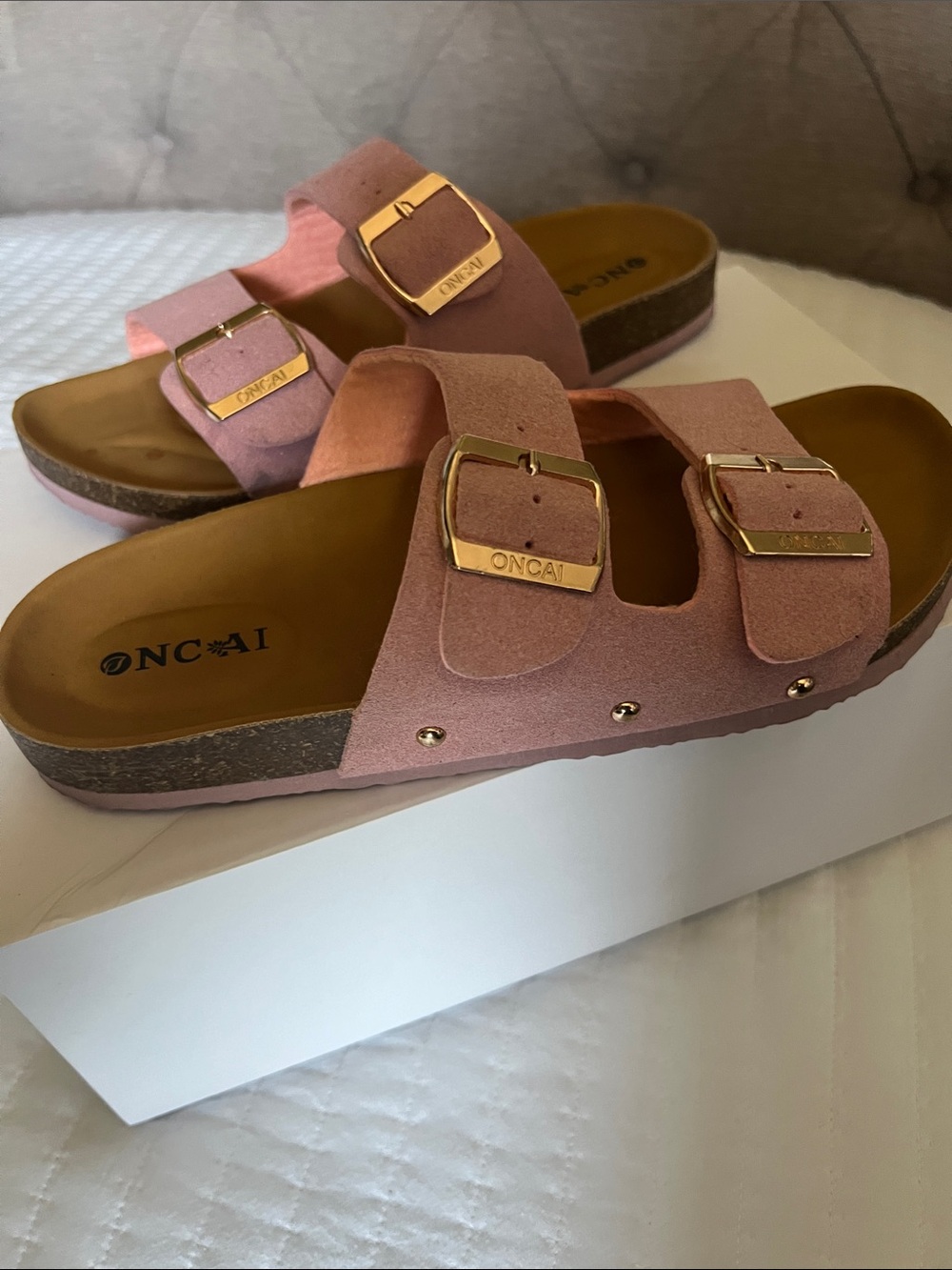 Pink Double-Buckle Suede Mules